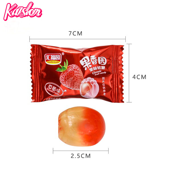 Ball shaped center filled fruit flavors soft candy
