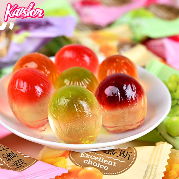 Ball shaped center filled fruit flavors soft candy